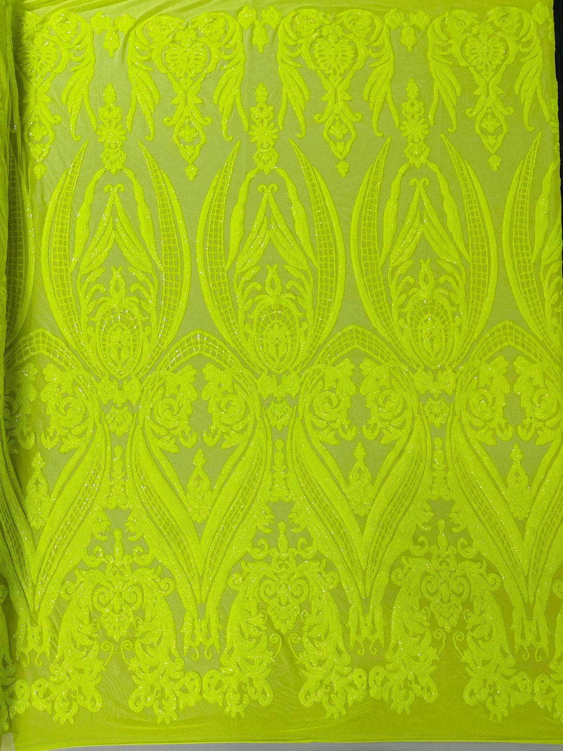 Big Damask Sequins Fabric - Neon Yellow Solid - 4 Way Stretch Damask Sequins Design Fabric By Yard