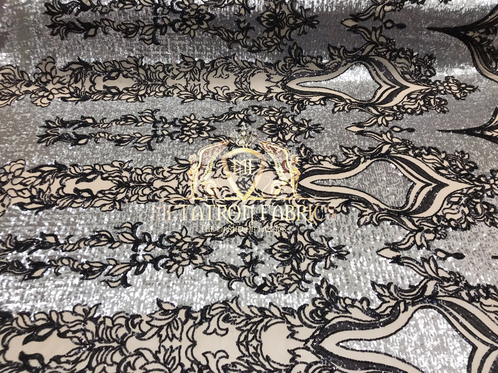 4 Way Stretch - Silver and Black - Two Tone Flower Design Sequins On Stretch Mesh By The Yard