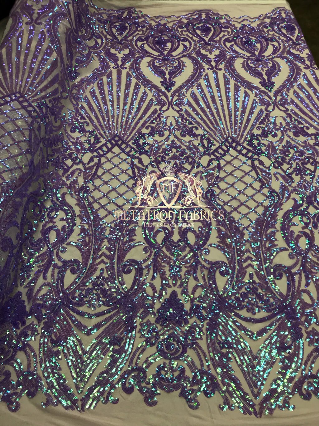 Iridescent Sequins - Lilac - 4 Way Stretch Damask Design Fabric On Stretch Mesh By The Yard