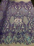 Iridescent Sequins - Lilac - 4 Way Stretch Damask Design Fabric On Stretch Mesh By The Yard