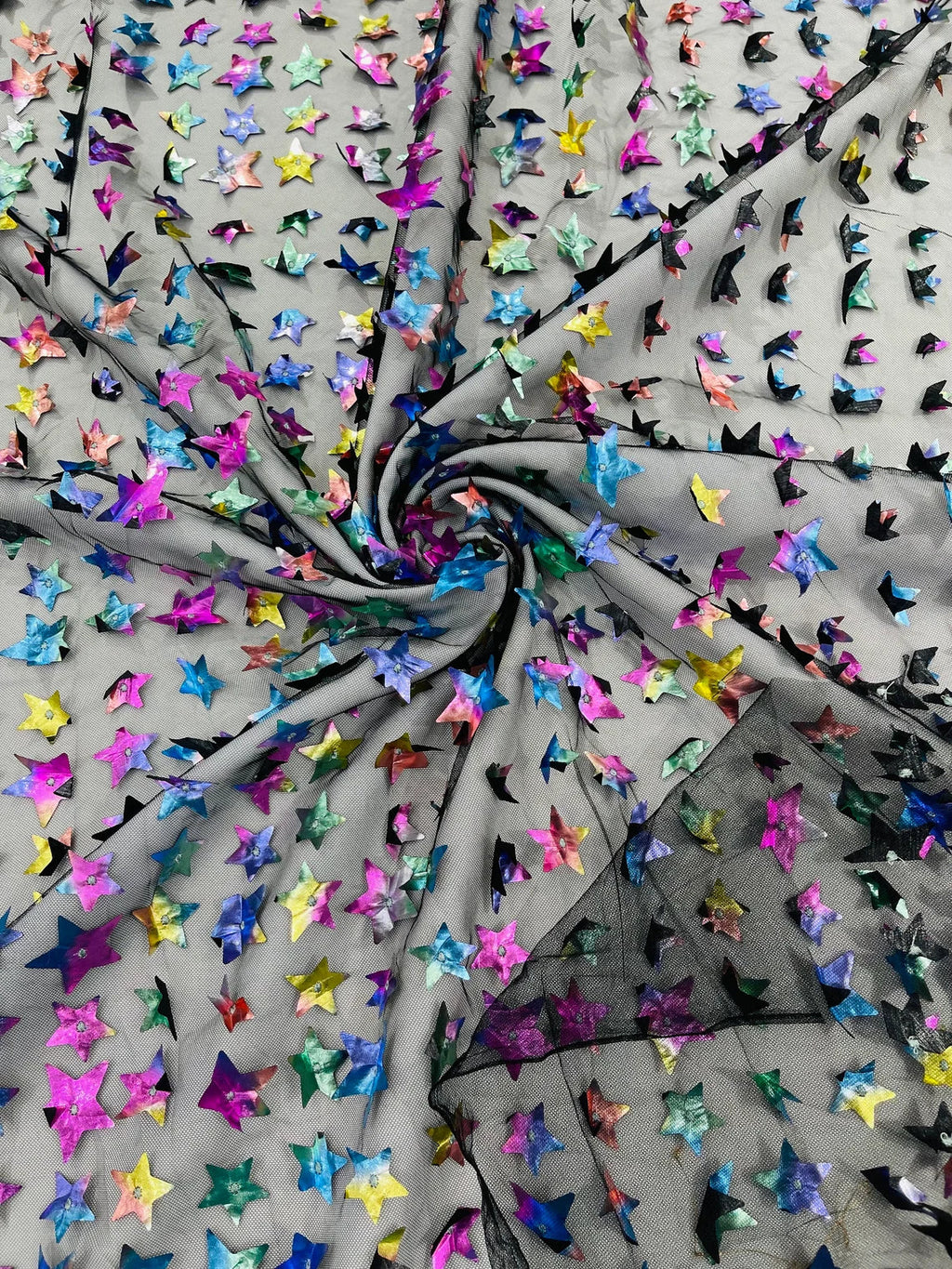 3D Holographic Rainbow Fabric - 3D Rainbow Foil Stars on Solid Black Mesh Sold By Yard