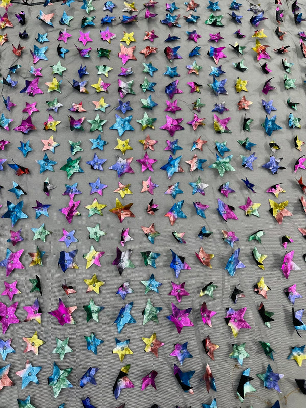 3D Holographic Rainbow Fabric - 3D Rainbow Foil Stars on Solid Black Mesh Sold By Yard