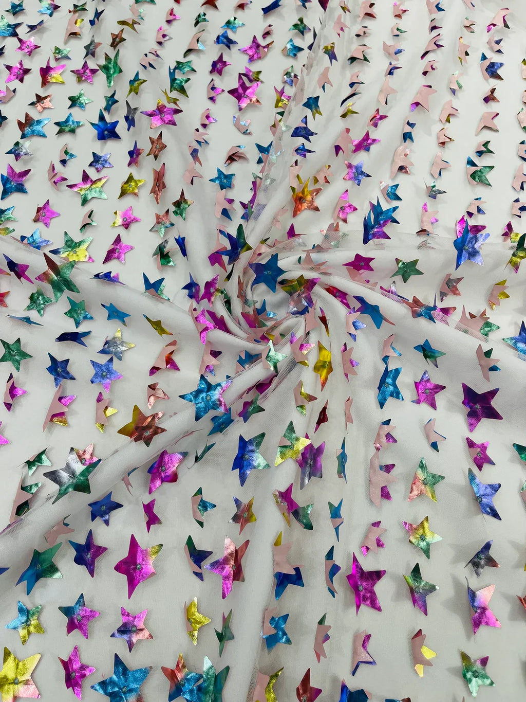 3D Holographic Rainbow Fabric - 3D Rainbow Foil Stars on Solid White Mesh Sold By Yard