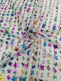 3D Holographic Rainbow Fabric - 3D Rainbow Foil Stars on Solid White Mesh Sold By Yard