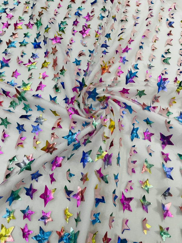 3D Holographic Rainbow Fabric - 3D Rainbow Foil Stars on Solid White Mesh Sold By Yard