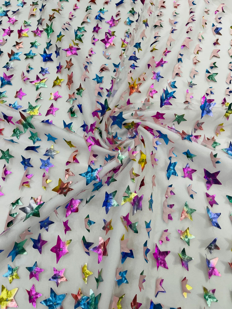 3D Holographic Rainbow Fabric - 3D Rainbow Foil Stars on Solid White Mesh Sold By Yard
