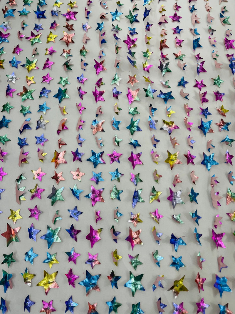 3D Holographic Rainbow Fabric - 3D Rainbow Foil Stars on Solid White Mesh Sold By Yard