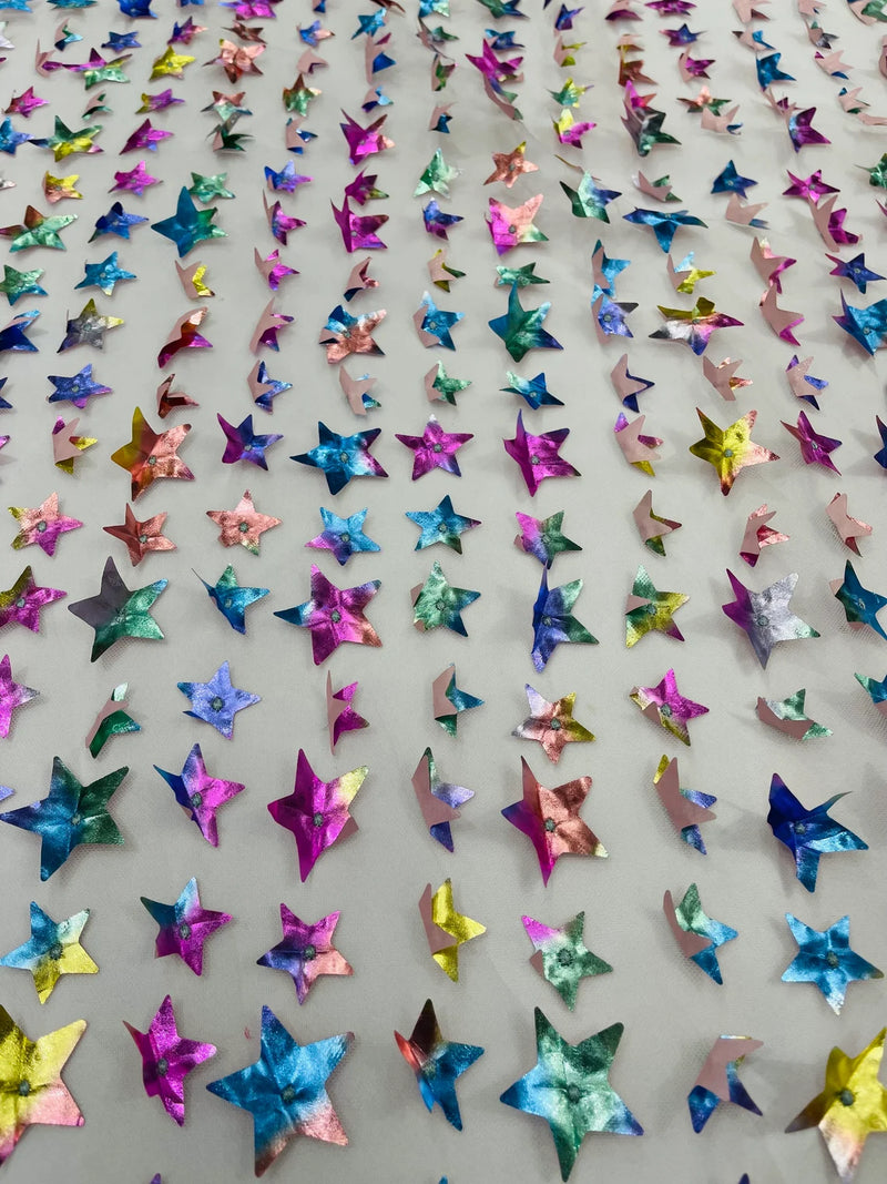 3D Holographic Rainbow Fabric - 3D Rainbow Foil Stars on Solid White Mesh Sold By Yard