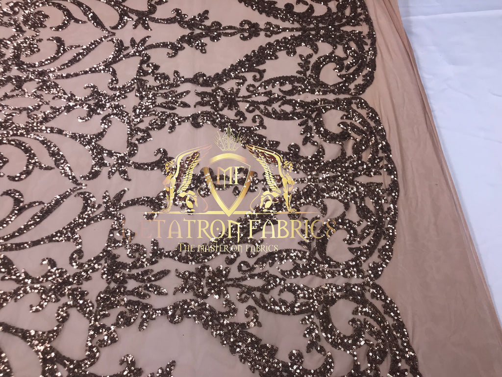 4 Way Stretch - Dusty Rose - Sequins Damask Design Fabric Embroidered On Mesh Sold By The Yard