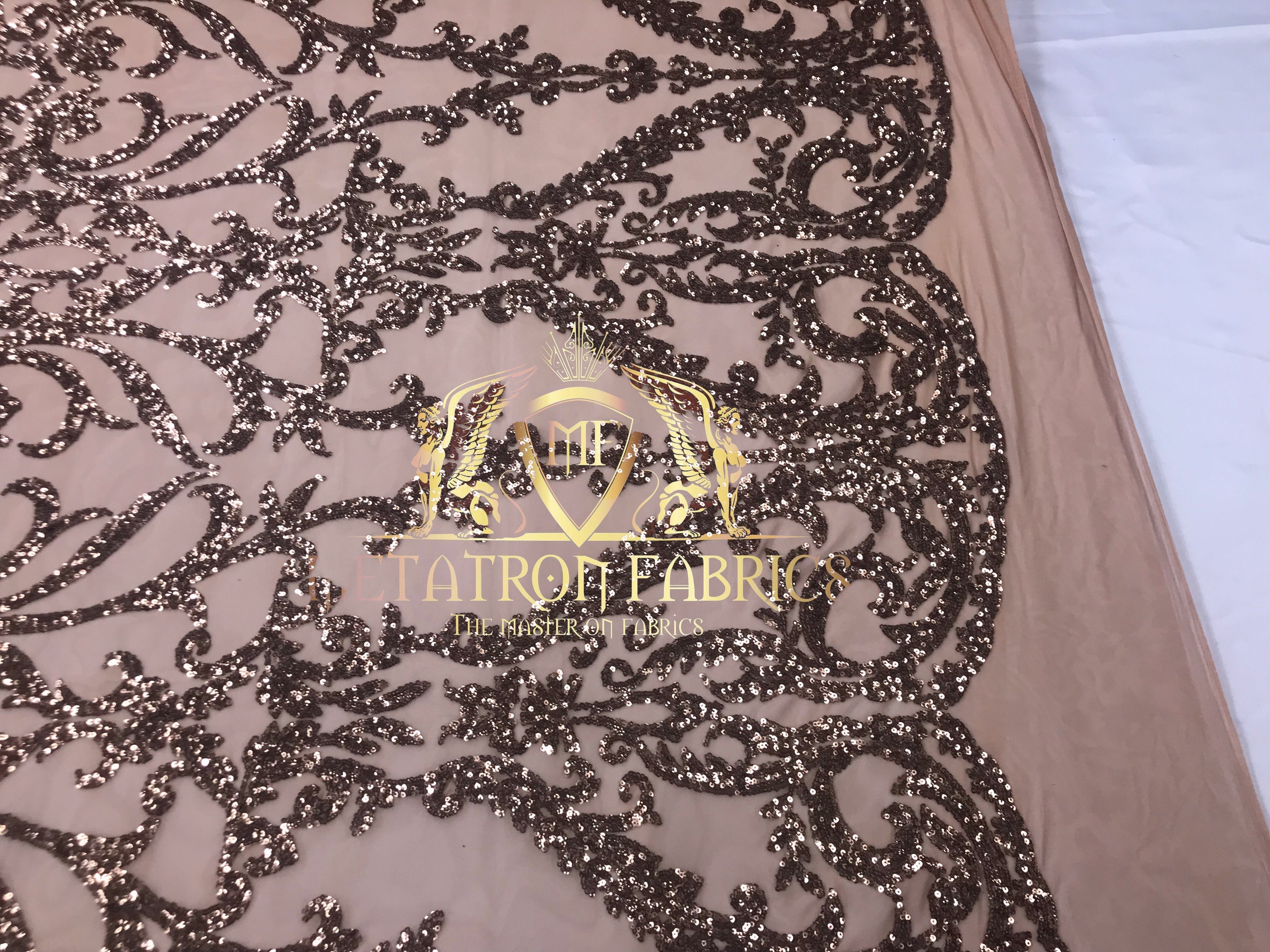 4 Way Stretch - Dusty Rose - Sequins Damask Design Fabric Embroidered On Mesh Sold By The Yard