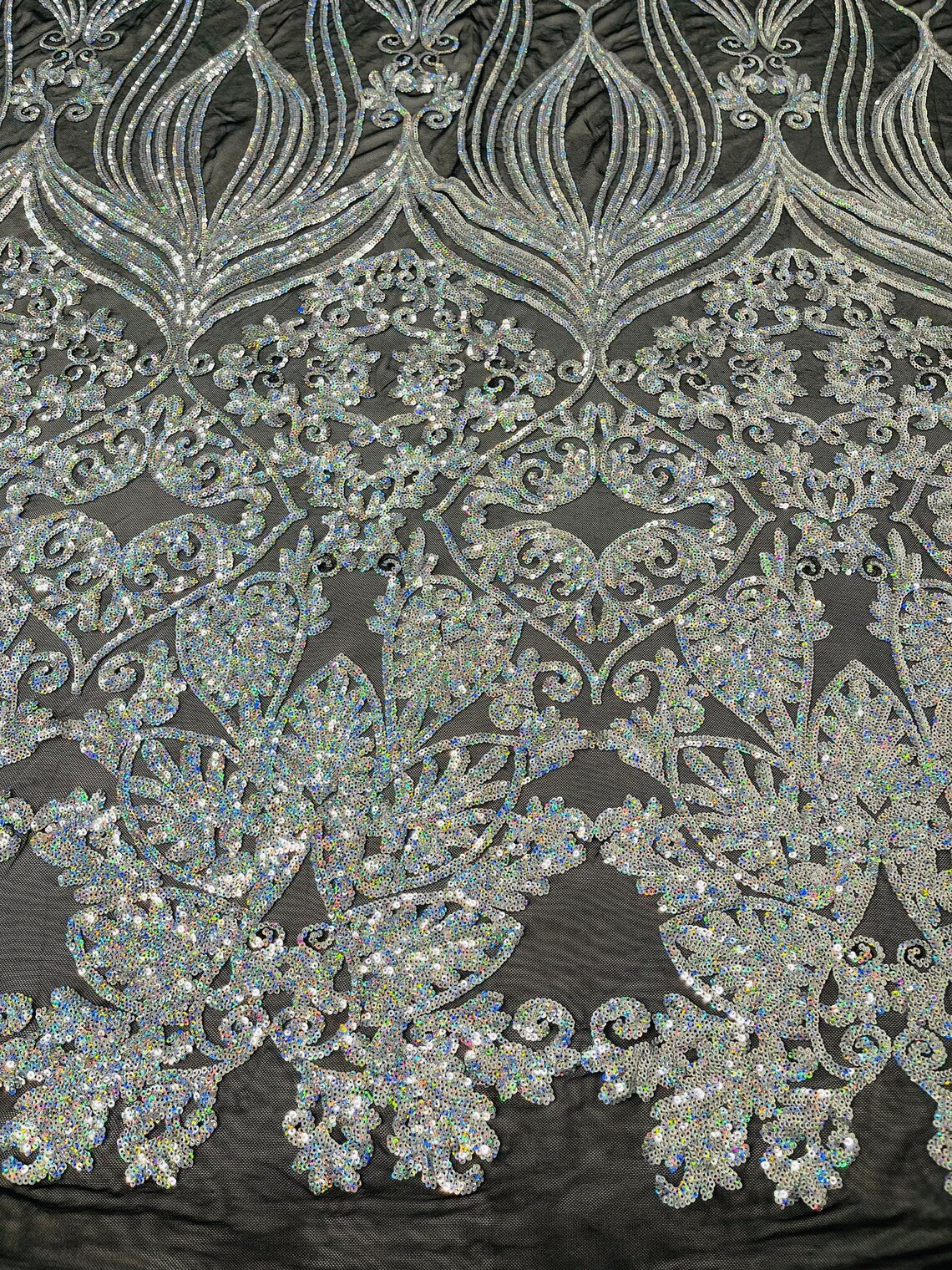 Damask Heart Design - Silver Holographic - Damask with Heart Design Sequins on Mesh By Yard