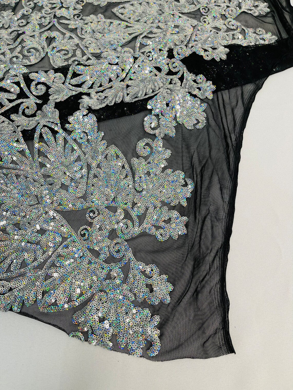 Damask Heart Design - Silver Holographic - Damask with Heart Design Sequins on Mesh By Yard