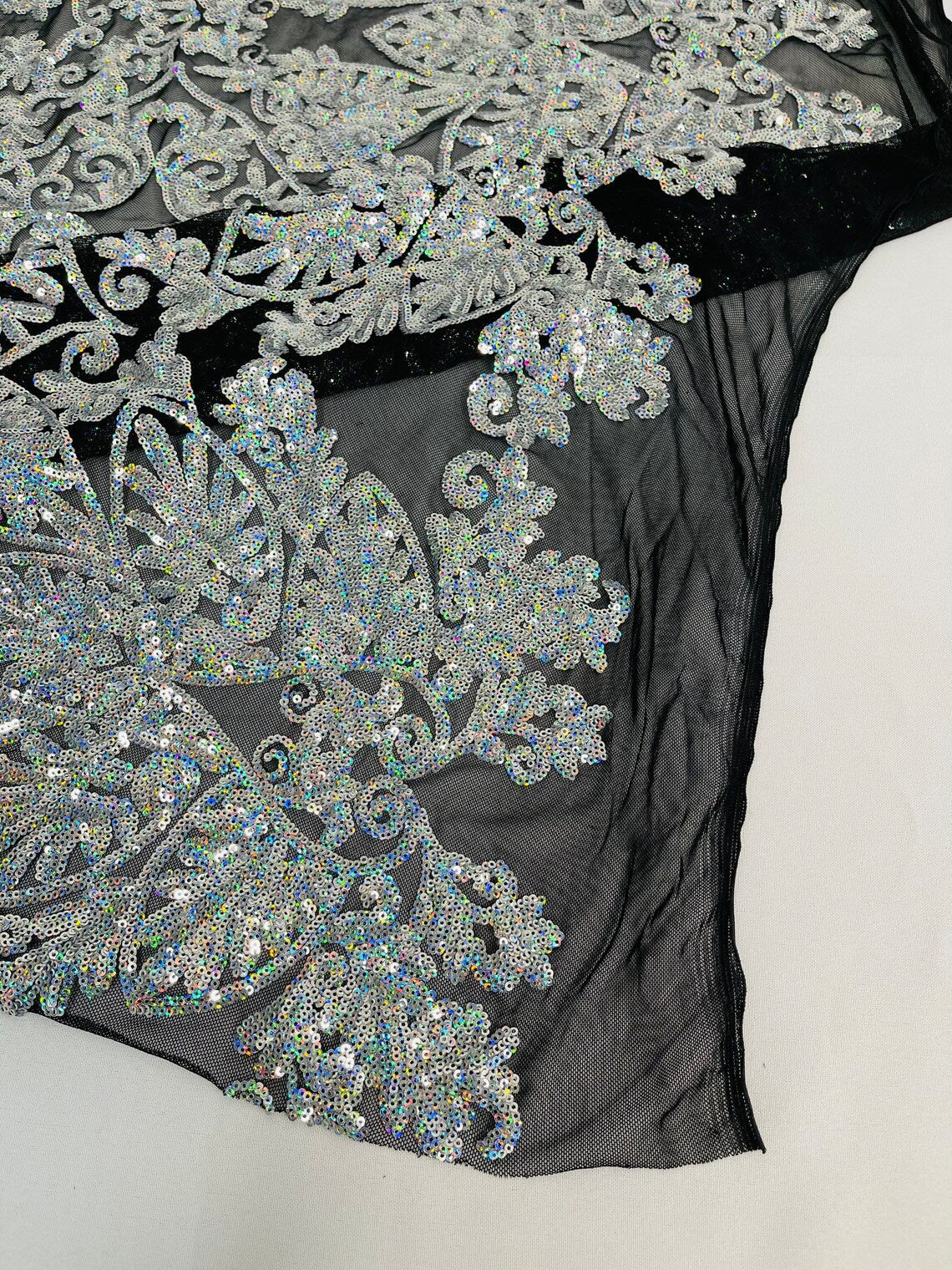 Damask Heart Design - Silver Holographic - Damask with Heart Design Sequins on Mesh By Yard
