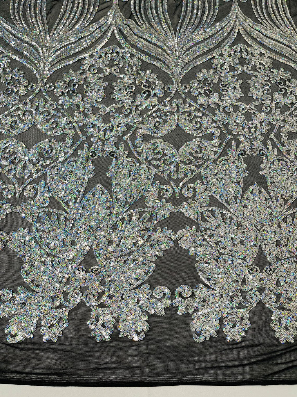 Damask Heart Design - Silver Holographic - Damask with Heart Design Sequins on Mesh By Yard