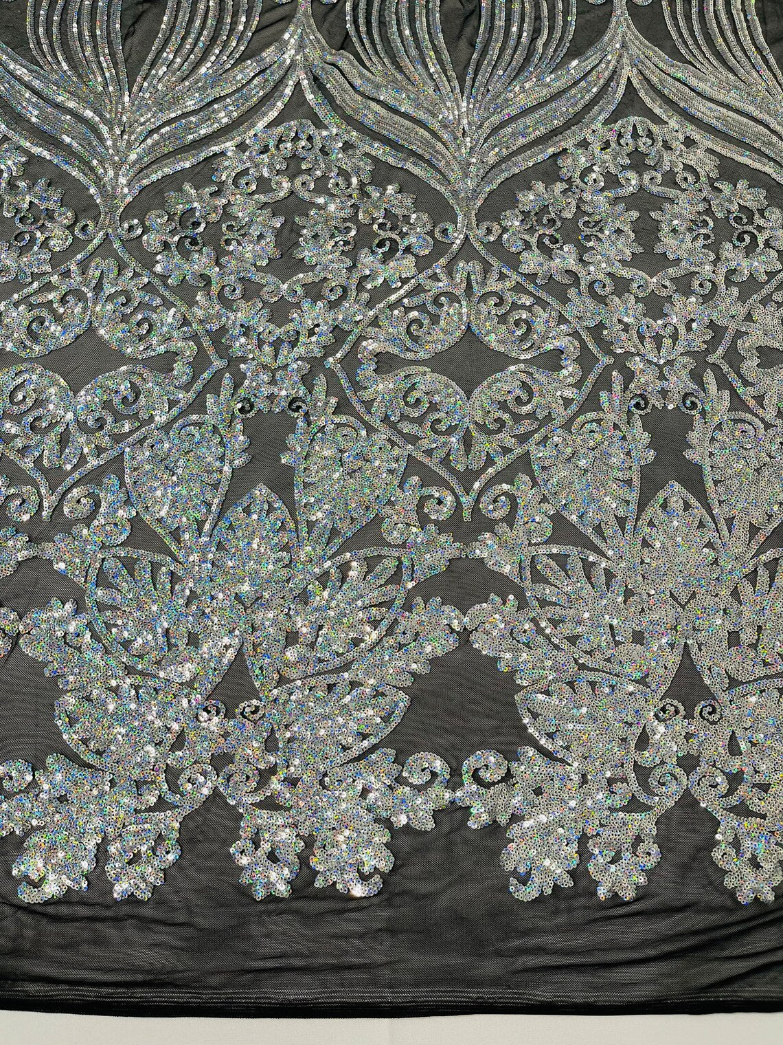 Damask Heart Design - Silver Holographic - Damask with Heart Design Sequins on Mesh By Yard