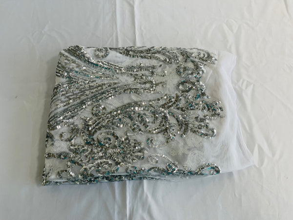 Big Damask Sequins Fabric - Silver - 4 Way Stretch Damask Sequins Design Fabric By Yard