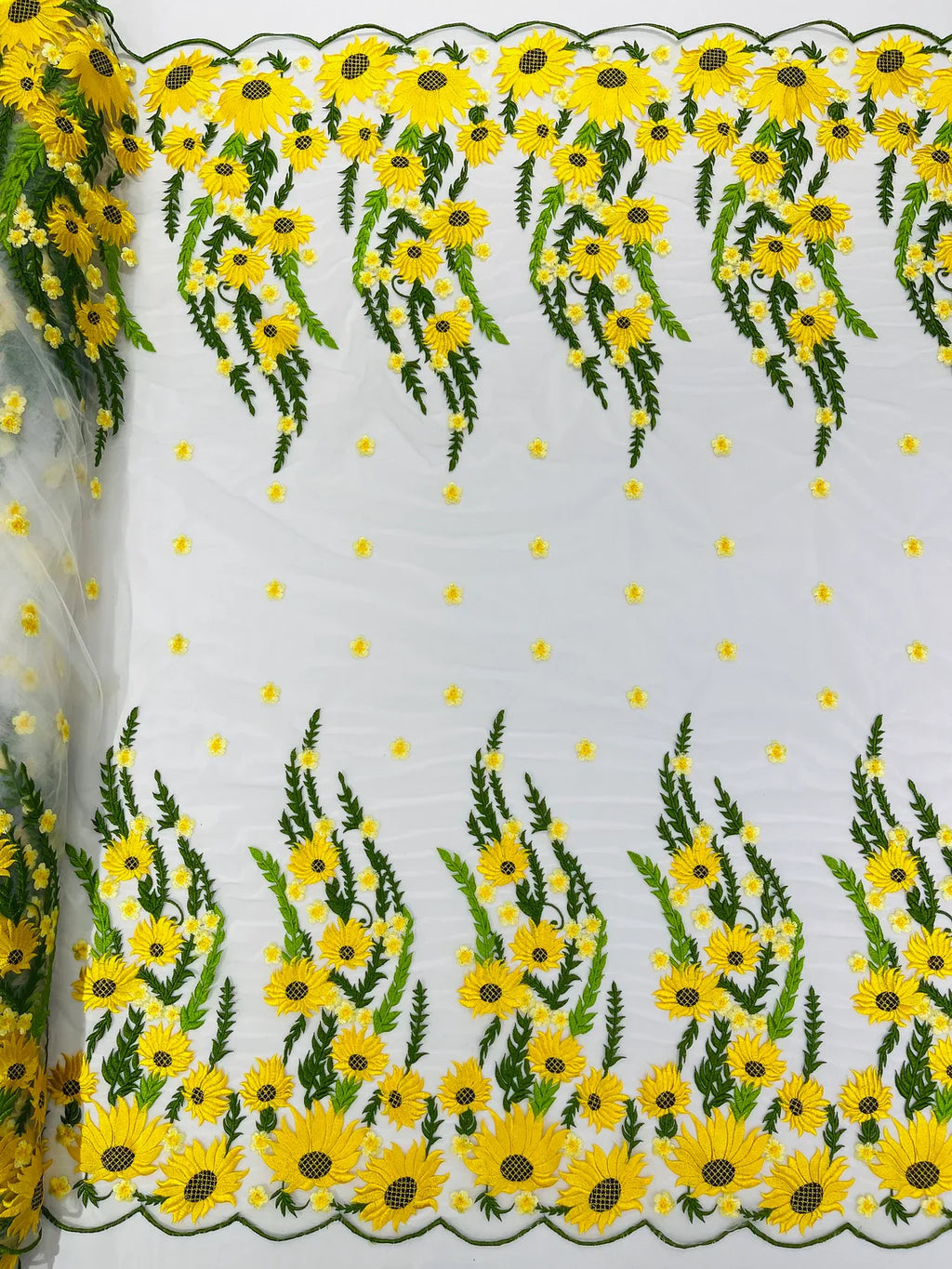 3D Sunflower Lace Fabric - On White Mesh - Sun Flower and Leaf Embroidered Dress Fabric by the Yard