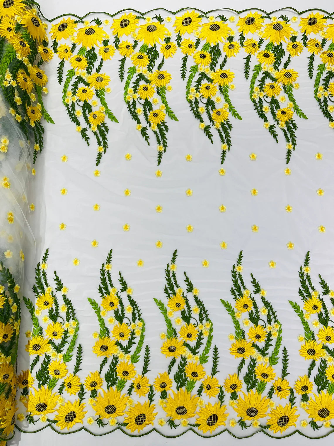 3D Sunflower Lace Fabric - On White Mesh