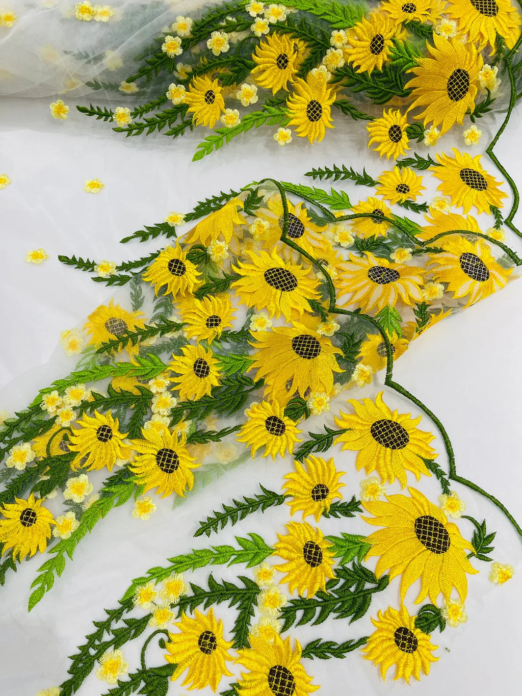 3D Sunflower Lace Fabric - On White Mesh - Sun Flower and Leaf Embroidered Dress Fabric by the Yard