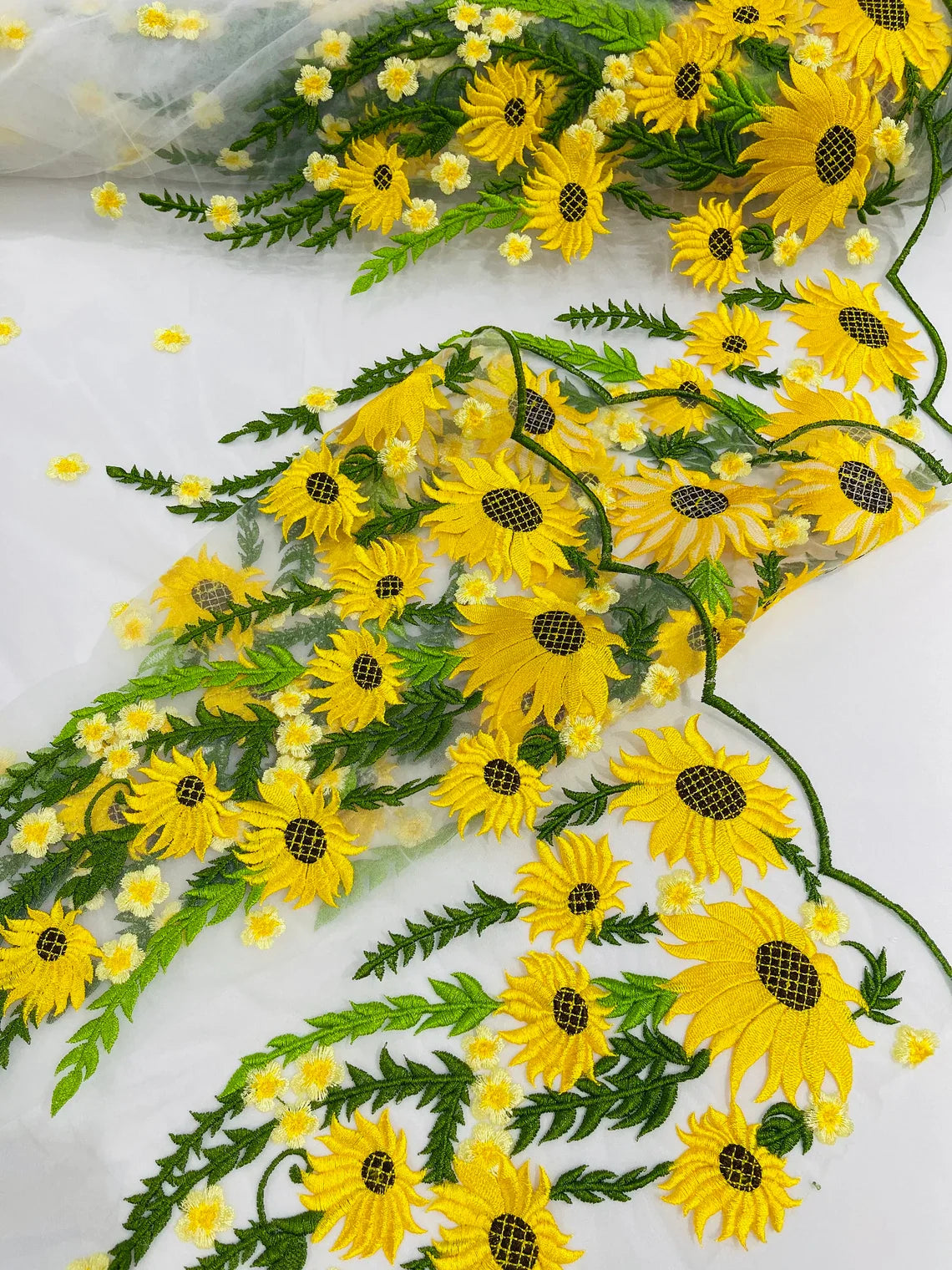 3D Sunflower Lace Fabric - On White Mesh