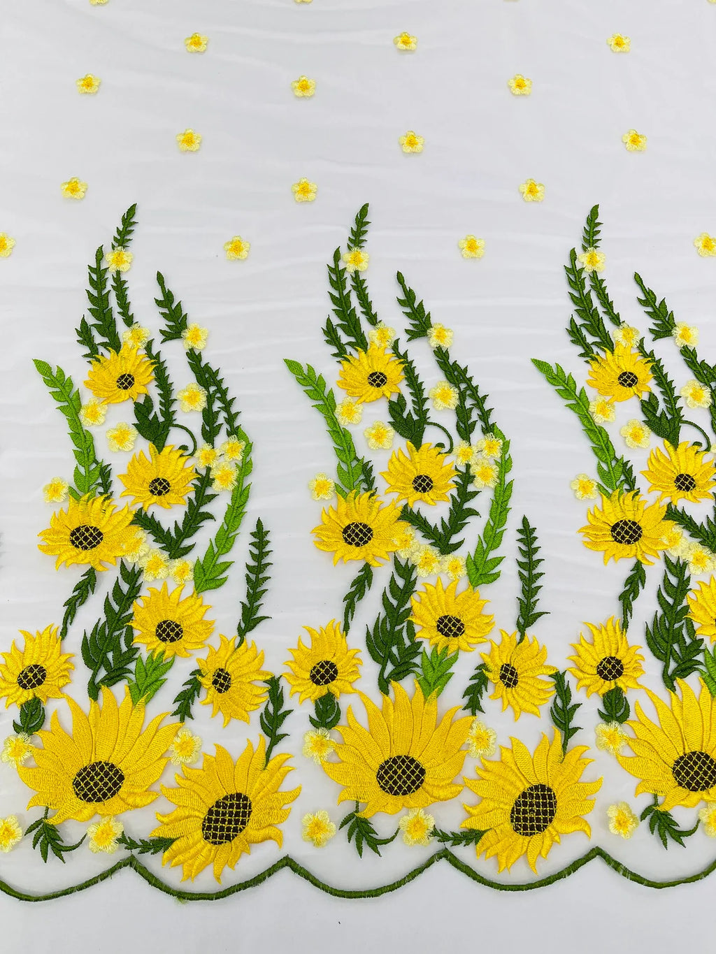 3D Sunflower Lace Fabric - On White Mesh - Sun Flower and Leaf Embroidered Dress Fabric by the Yard