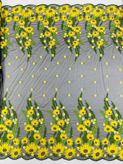 3D Sunflower Lace Fabric - On Black Mesh - Sun Flower and Leaf Embroidered Dress Fabric by the Yard