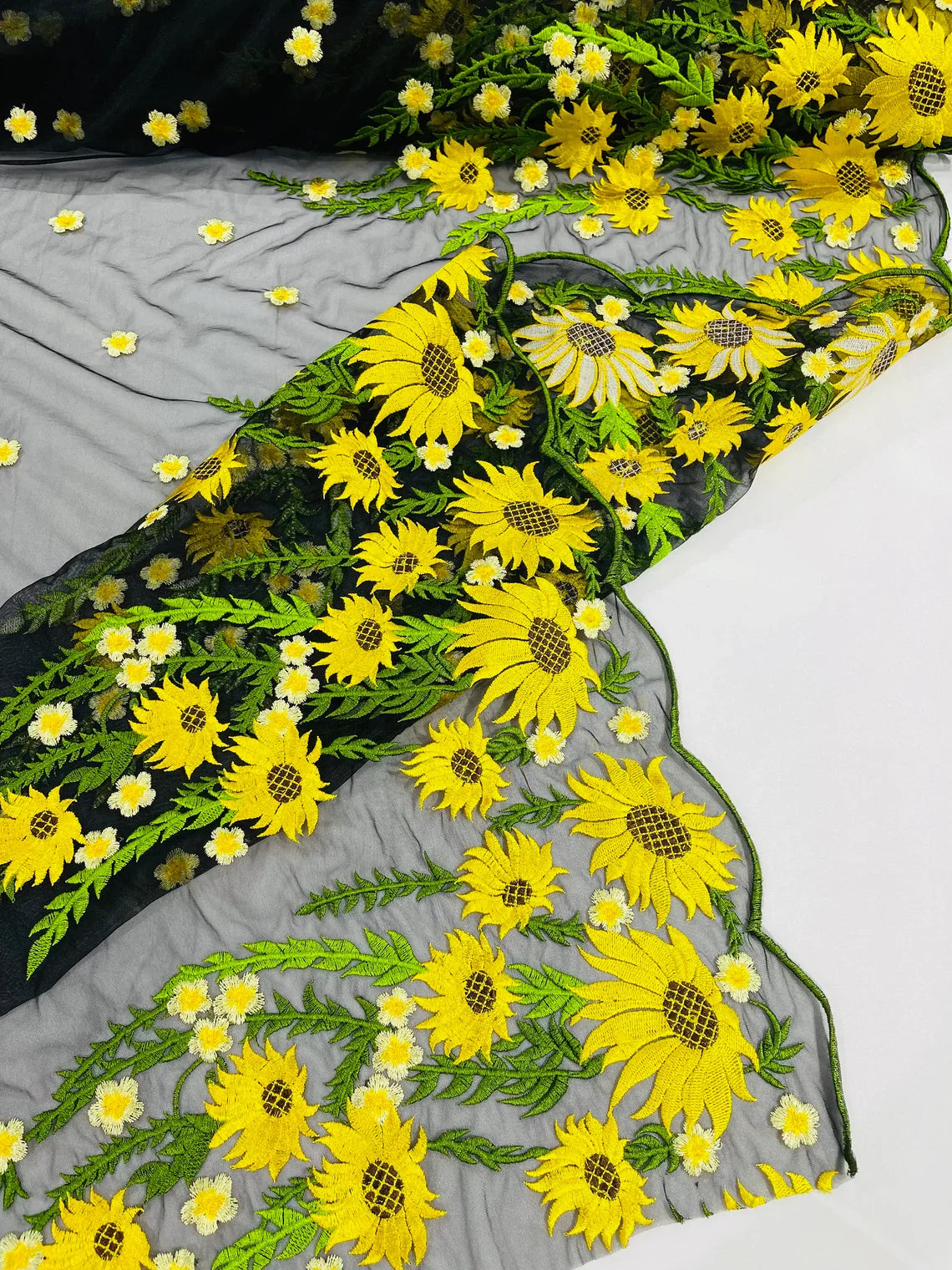 3D Sunflower Lace Fabric - On Black Mesh