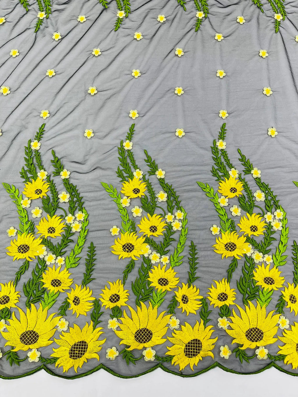 embroidered dress fabric 3D Sunflower Lace Fabric - On Black Mesh