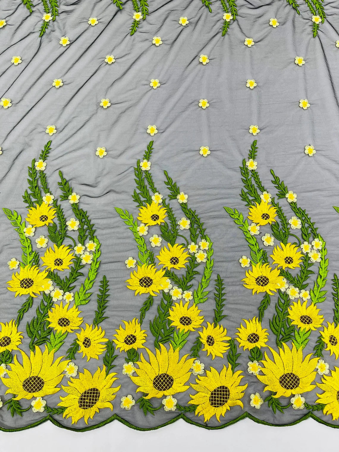 3D Sunflower Lace Fabric - On Black Mesh - Sun Flower and Leaf Embroidered Dress Fabric by the Yard