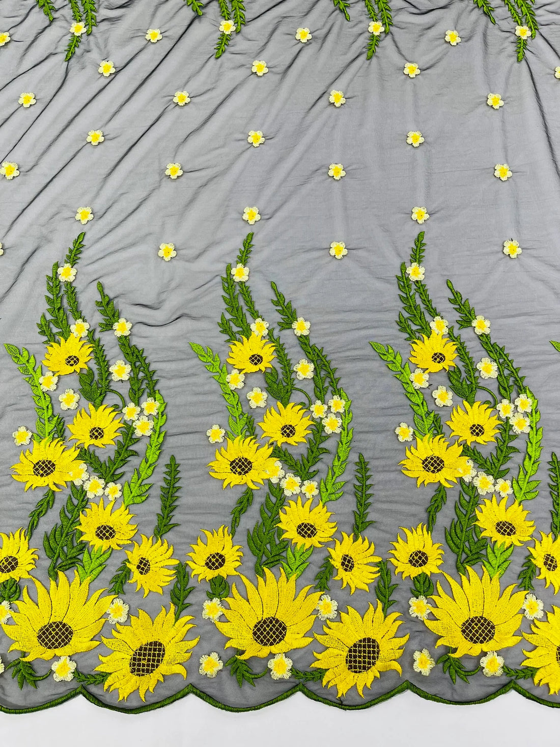3D Sunflower Lace Fabric - On Black Mesh - Sun Flower and 3D Sunflower Lace Fabric - On Black Mesh - Sun Flower and