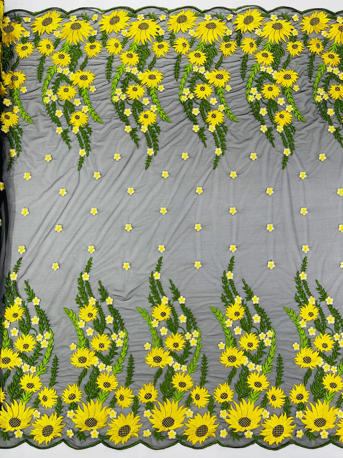 3D Sunflower Lace Fabric - On Black Mesh - Sun Flower and Leaf Embroidered Dress Fabric by the Yard
