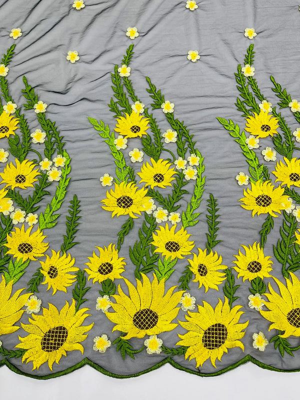 3D Sunflower Lace Fabric - On Black Mesh - Sun Flower and Leaf Embroidered Dress Fabric by the Yard