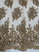 Rhinestone Beaded Fabric - Taupe - Beaded Floral Rhinestone Design with Fancy Border Sold By Yard
