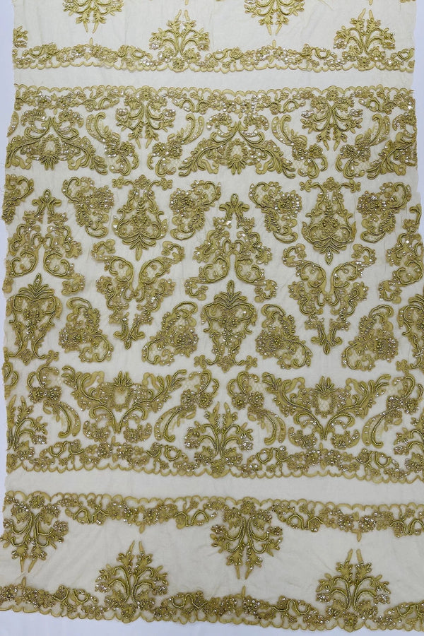 Beaded My Lady Damask Design - Taupe - Beaded Fancy Damask Embroidered Fabric By Yard