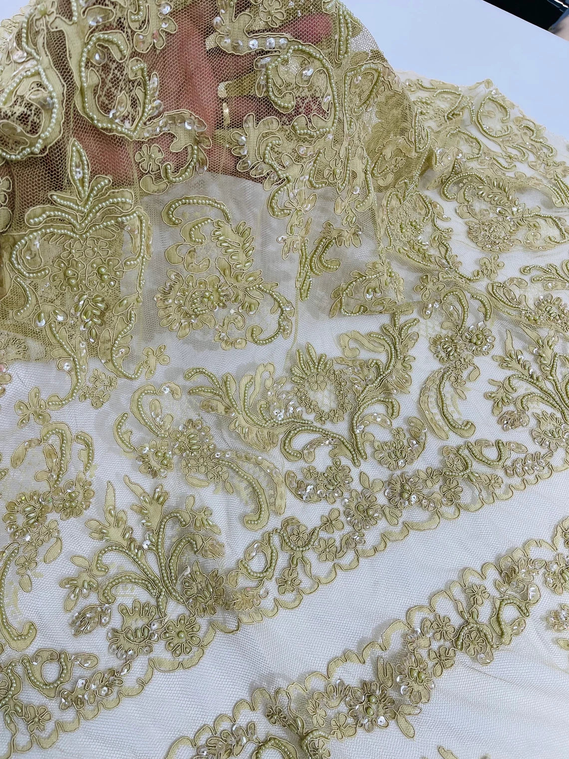 Beaded My Lady Damask Design - Taupe - Beaded Fancy Damask Embroidered Fabric By Yard