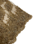 Rhinestone Beaded Fabric - Taupe - Beaded Floral Rhinestone Design with Fancy Border Sold By Yard