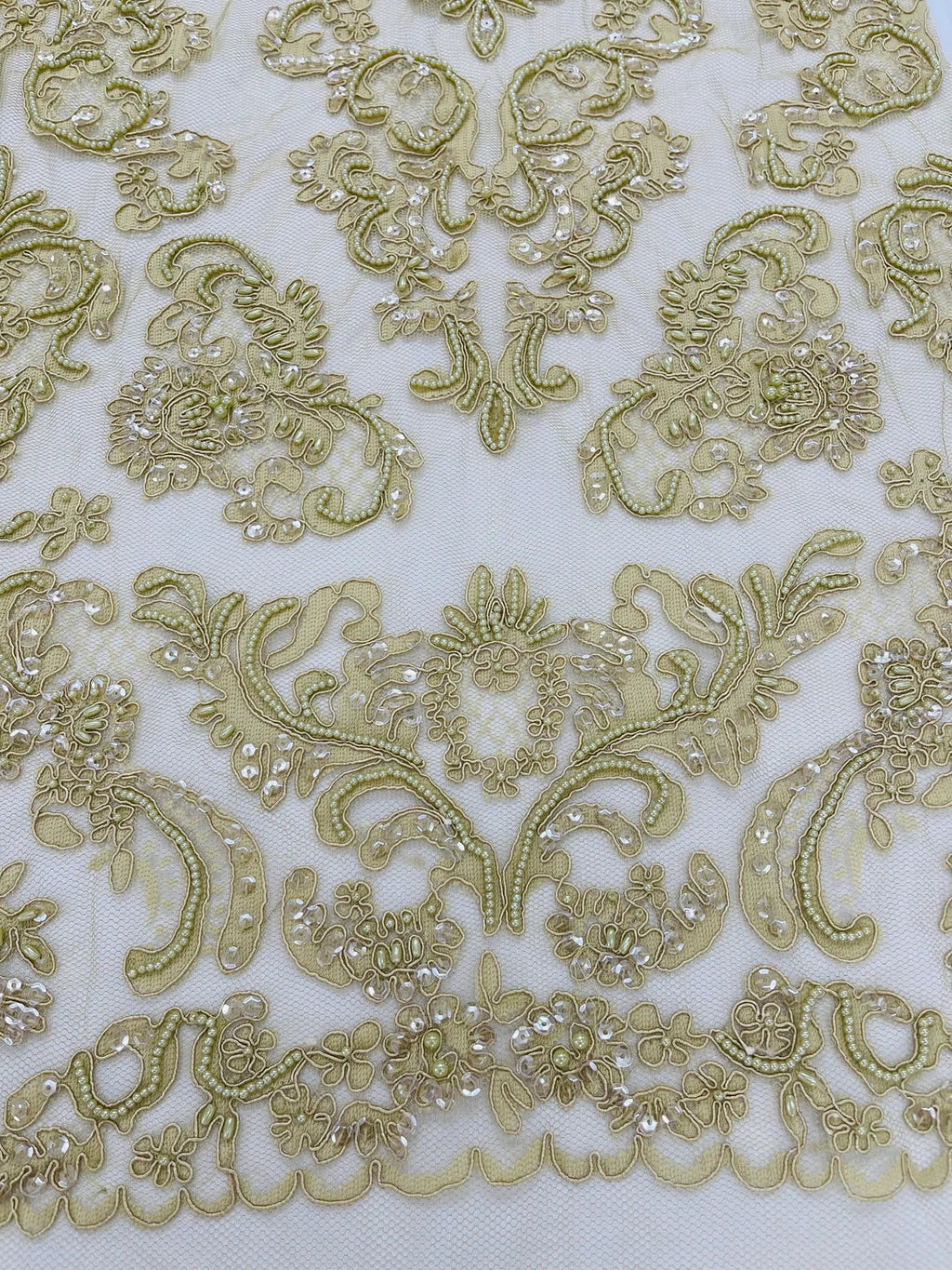 Beaded My Lady Damask Design - Taupe - Beaded Fancy Damask Embroidered Fabric By Yard