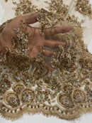 Rhinestone Beaded Fabric - Taupe - Beaded Floral Rhinestone Design with Fancy Border Sold By Yard