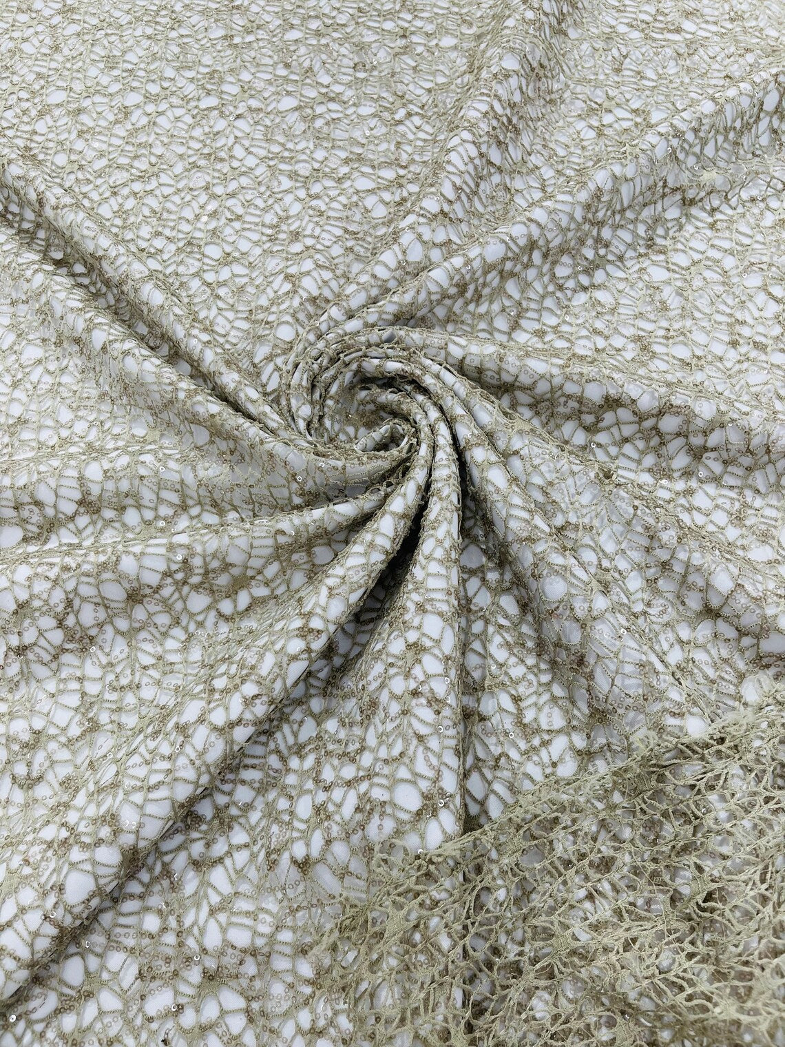 Cast Net Sequins Fabric - Taupe - Embroidery Fish Net Design Sequins Lace Fabric By Yard