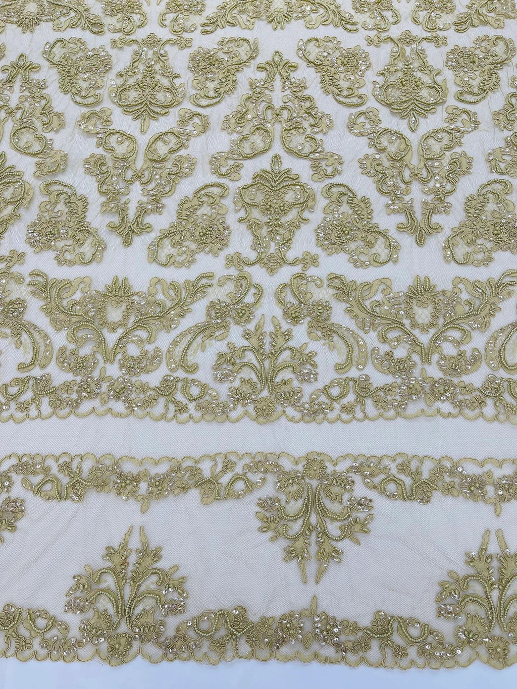 Beaded My Lady Damask Design - Taupe - Beaded Fancy Damask Embroidered Fabric By Yard