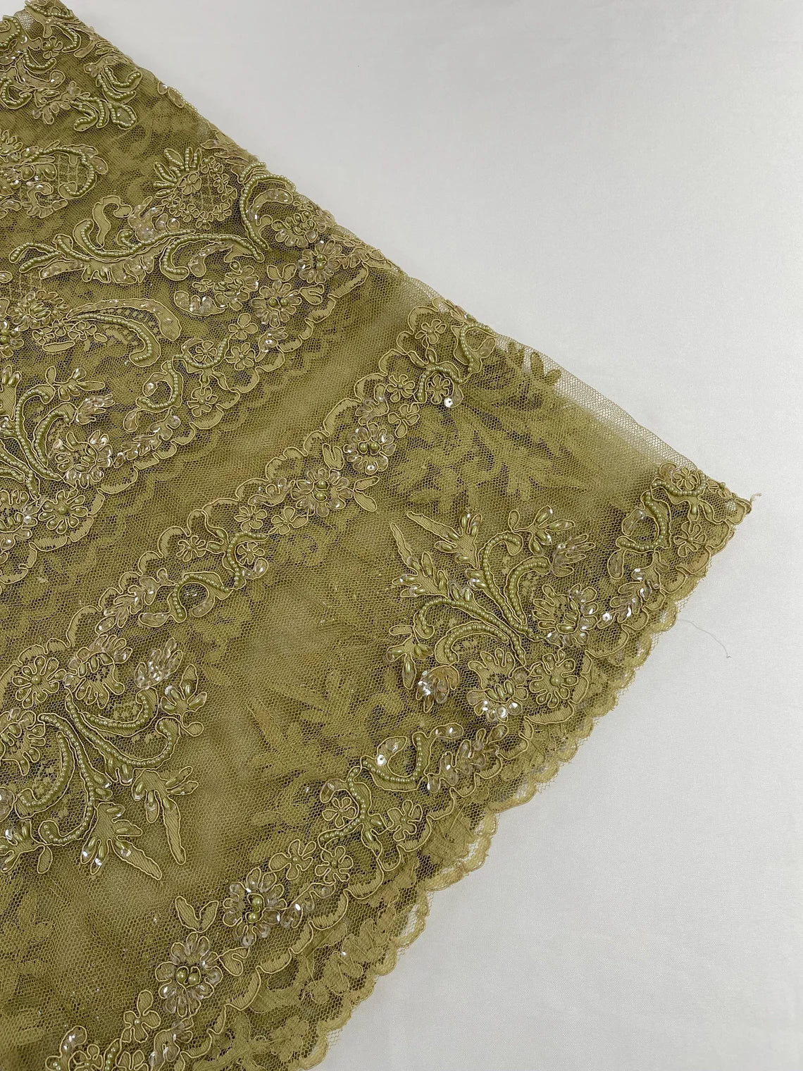 Beaded My Lady Damask Design - Taupe - Beaded Fancy Damask Embroidered Fabric By Yard