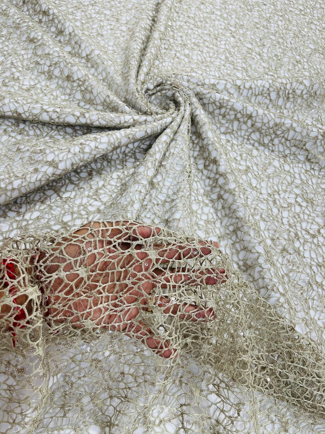Cast Net Sequins Fabric - Taupe - Embroidery Fish Net Design Sequins Lace Fabric By Yard