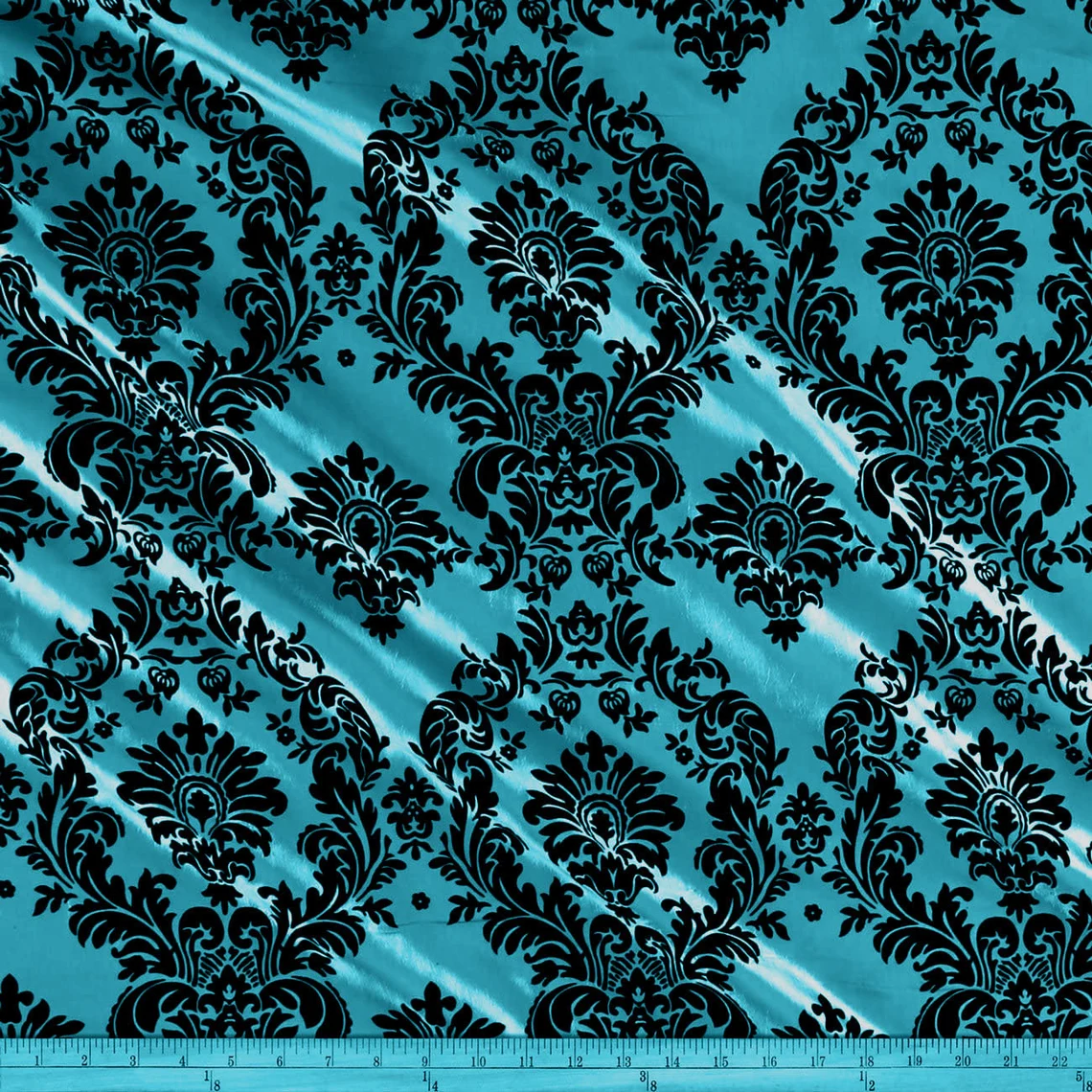 Flocked Taffeta Damask Design - Taffeta with Flocked Velvet Damask Design Sold By Yard