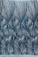 Curvy Line Design Fabric - Teal - 4 Way Stretch Sequins Design Mesh Lace Fabric by Yard