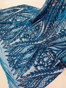 Mermaid Design Sequins Fabric - Teal - Sequins Fabric 4 Way Stretch on Mesh By Yard
