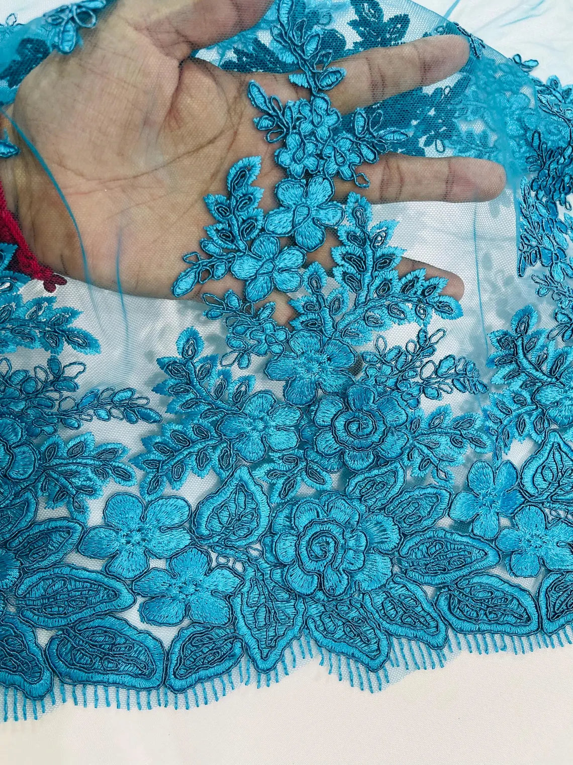 Corded Floral 3D Fabric - Teal - Embroidered Floral Design on Lace Mesh Fabric by Yard