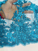 Corded Floral 3D Fabric - Teal - Embroidered Floral Design on Lace Mesh Fabric by Yard