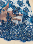 Rhinestone Beaded Fabric - Teal - Beaded Floral Rhinestone Design with Fancy Border Sold By Yard