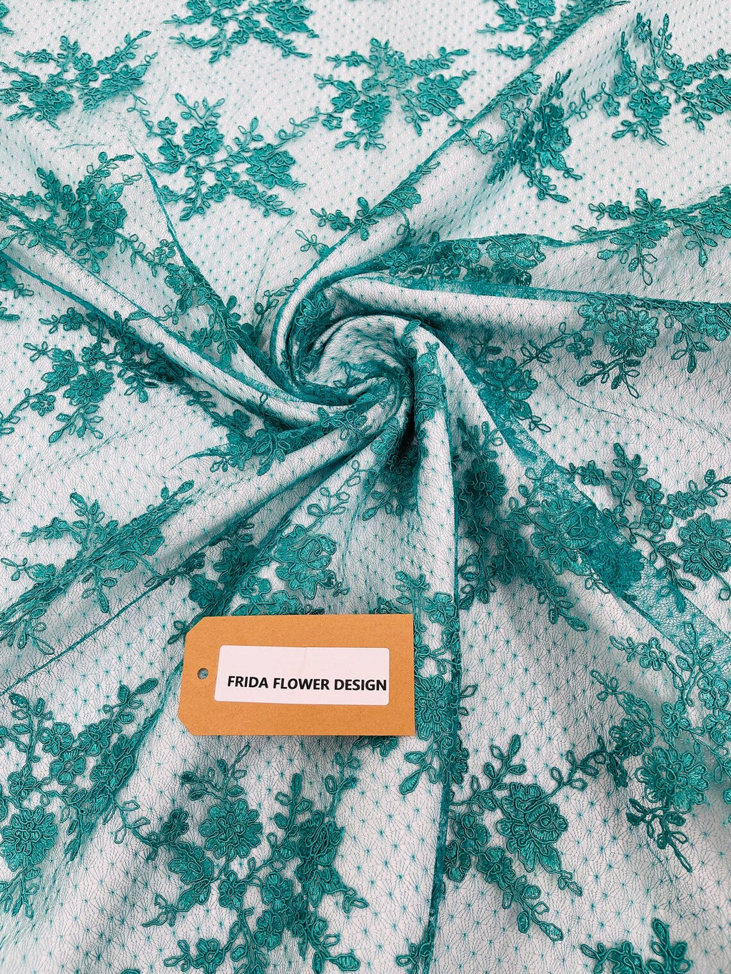 Embroidered Corded Lace Fabric - Teal - Cluster Fancy Flower Embroidered Lace Fabric By Yard