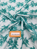 Embroidered Corded Lace Fabric - Teal - Cluster Fancy Flower Embroidered Lace Fabric By Yard